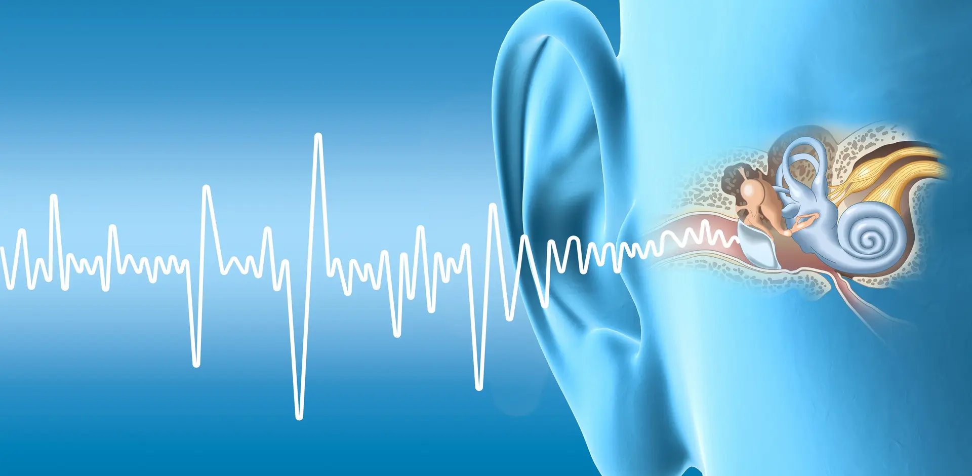 Grafik menschliches Ohr mit Schallwellen